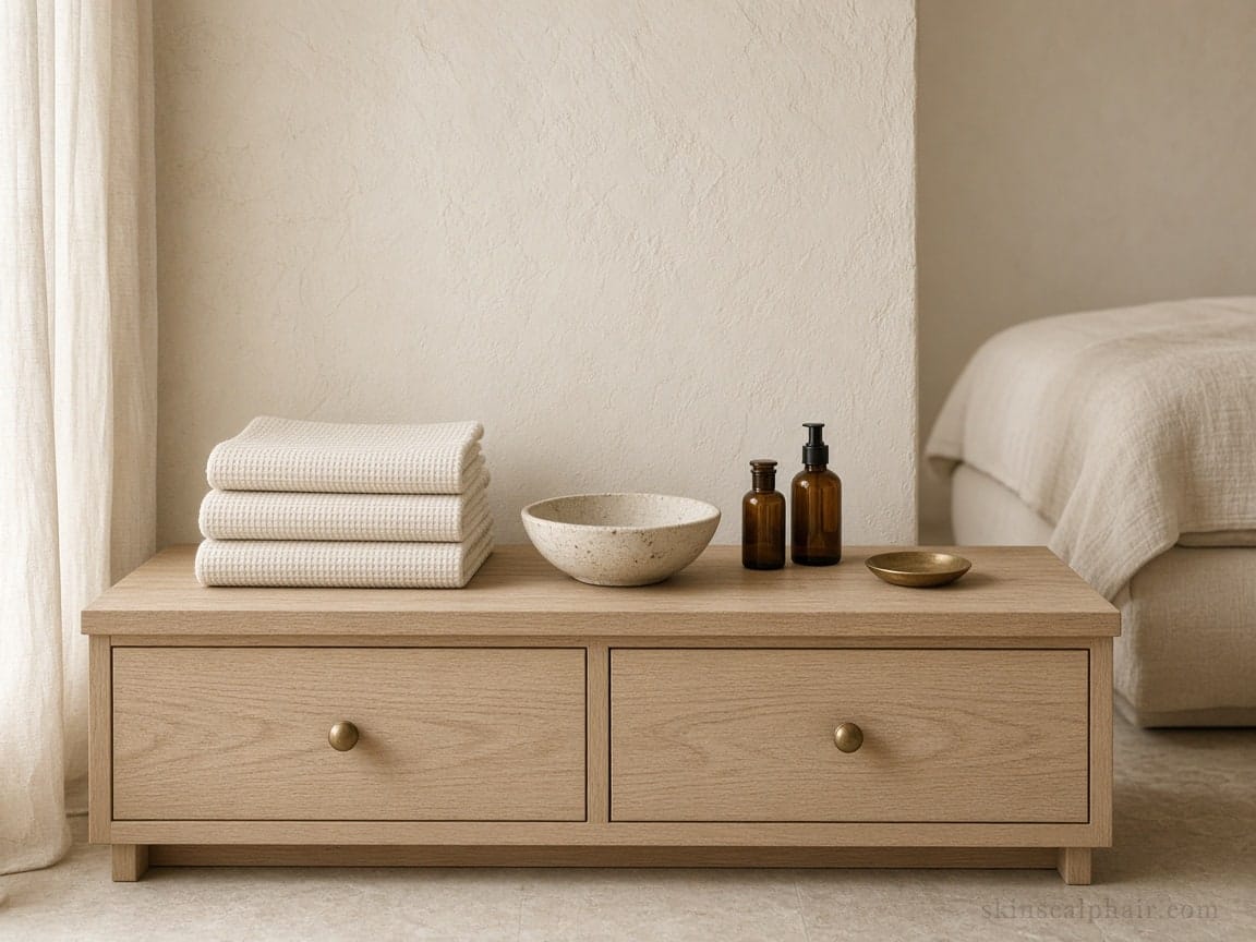 Aparador de roble con toallas y frascos en el gabinete SKIN. SCALP. HAIR. en Aventura