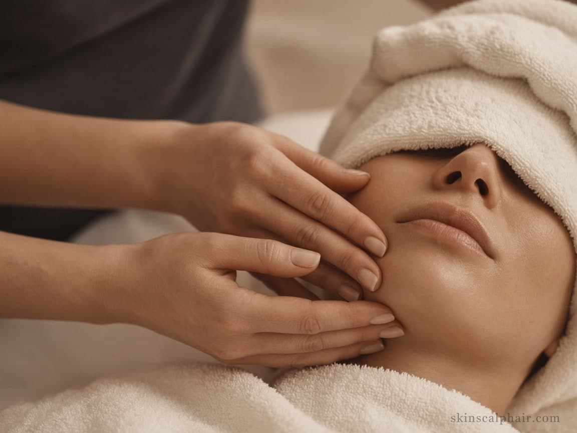 Hands giving a signature facial massage in a quiet cabinet