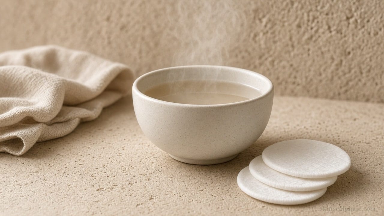 Cuenco de cerámica y paño para una limpieza facial profesional