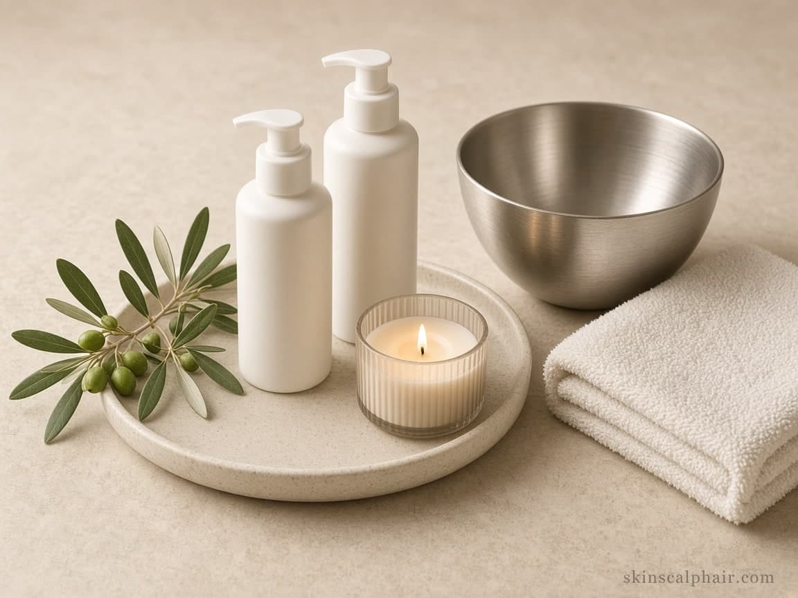 Quiet still life of facial care products used in the cabinet