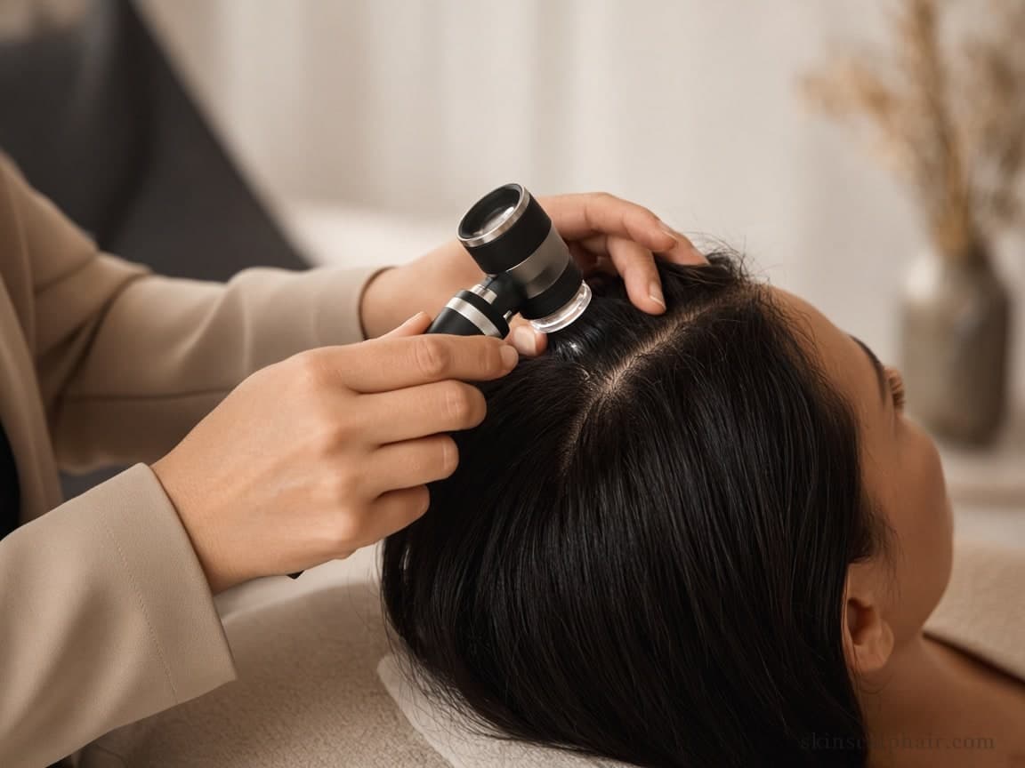 Trichoscopy close look at the scalp during a cosmetic consultation