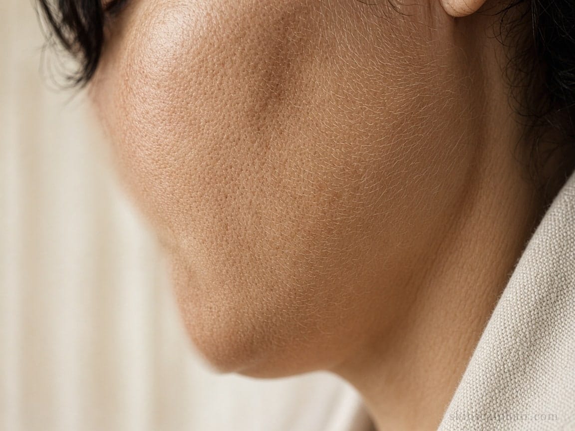 Antes del dermaplaning en Aventura: vello fino en la mejilla a luz suave