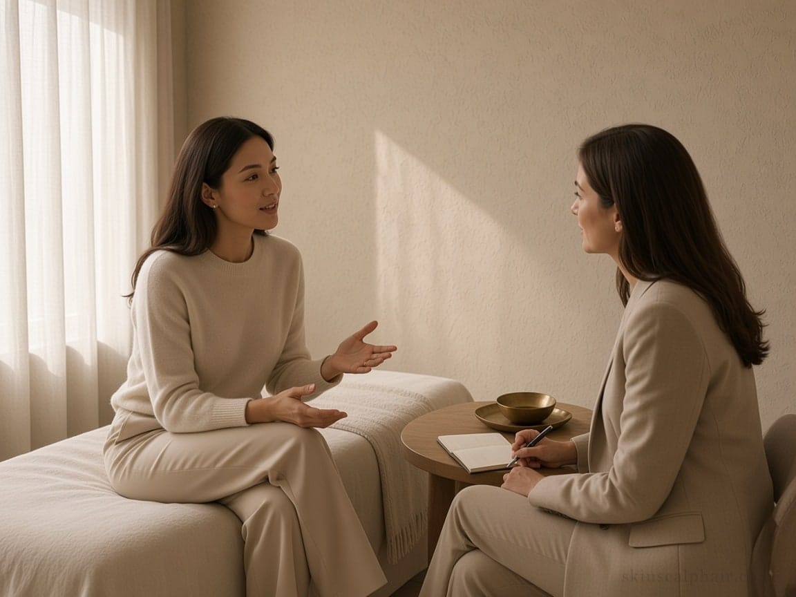 First-look consultation in Aventura: sitting conversation before choosing a facial or scalp visit