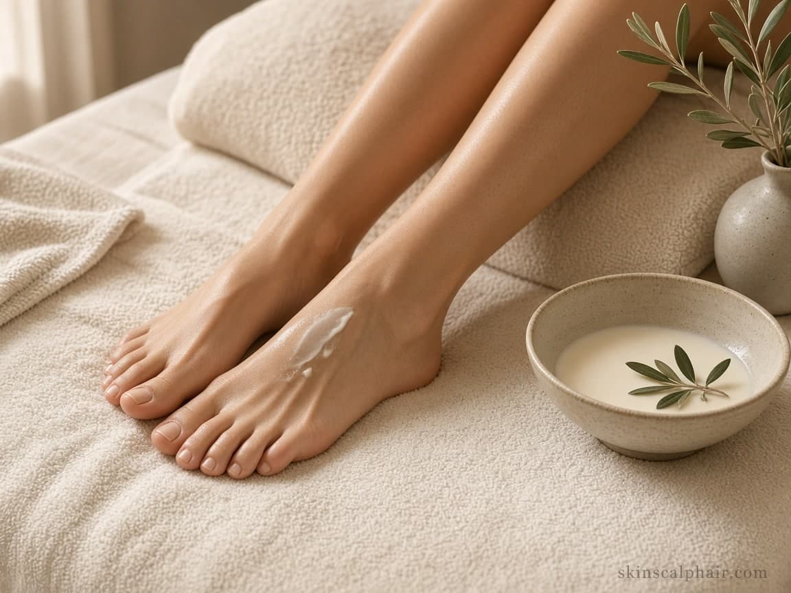 Cosmetic foot-care ritual beside a facial massage