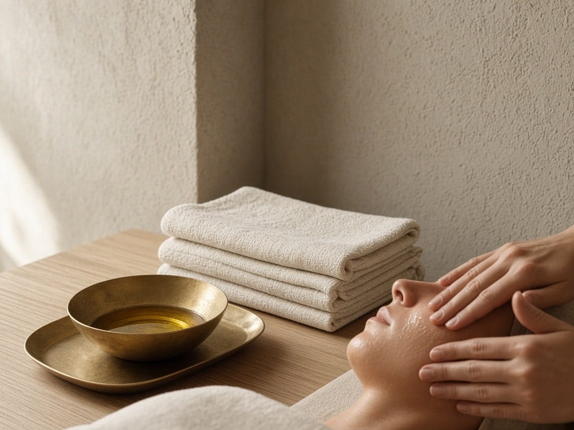 Facial ritual in Aventura: brass oil bowl, folded linen, and hands on the face