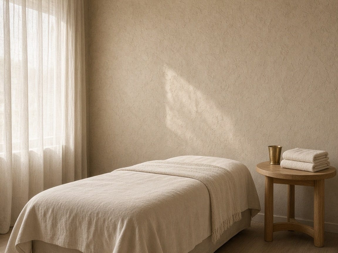 Quiet treatment room with cream linen and oak before a first visit