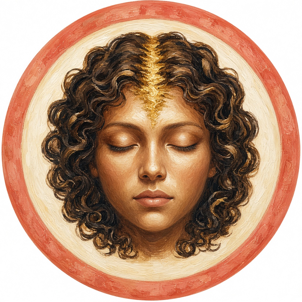 Marca circular pintada: un rostro, halo de cabello, raya dorada