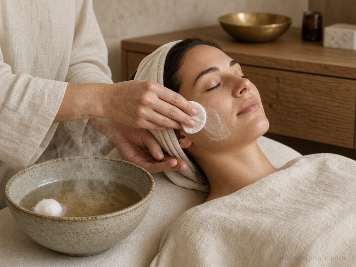 Cosmetic facial cleanse in Aventura: ceramic bowl, cotton, and hands near the cheek