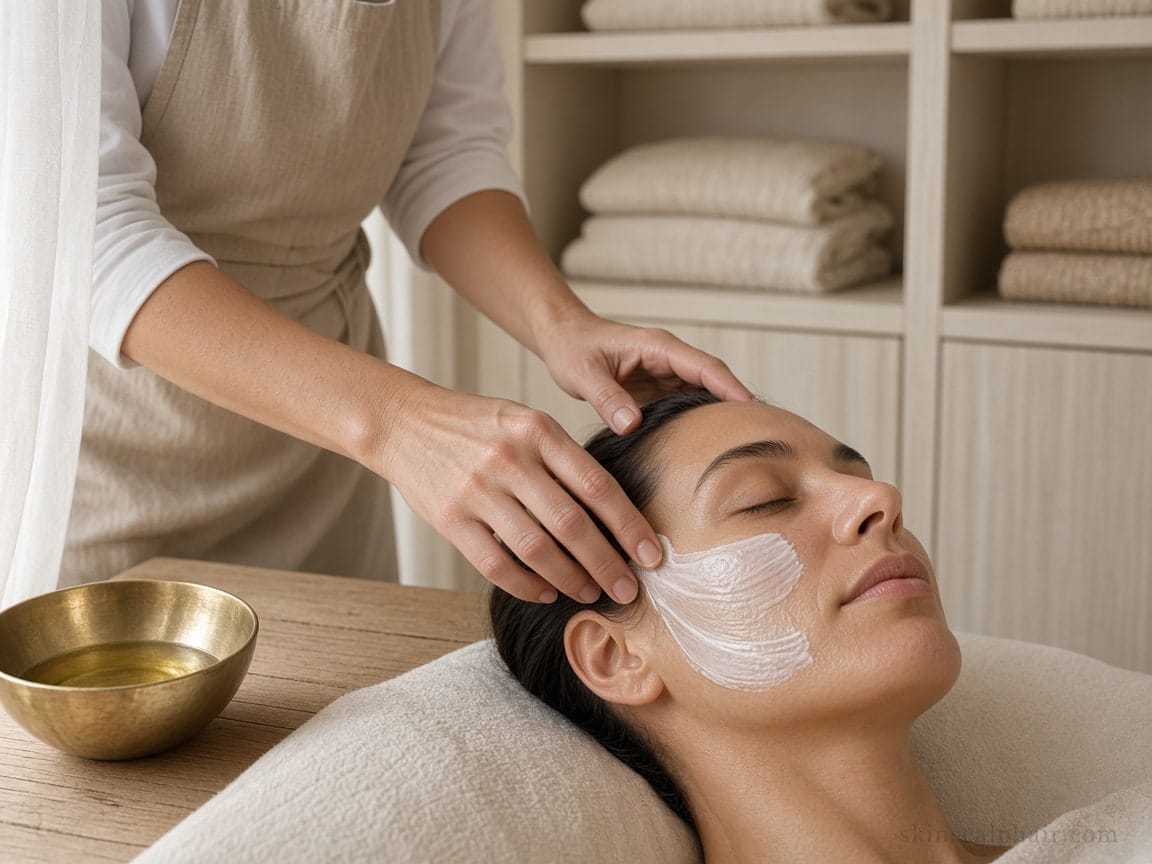 Manos aplicando crema en un ritual facial en el gabinete de Aventura