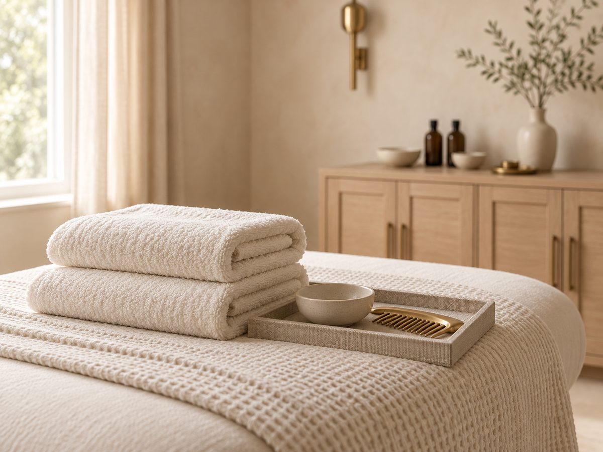 Ivory linen towels and a ceramic bowl prepared for a visit in the cream treatment room